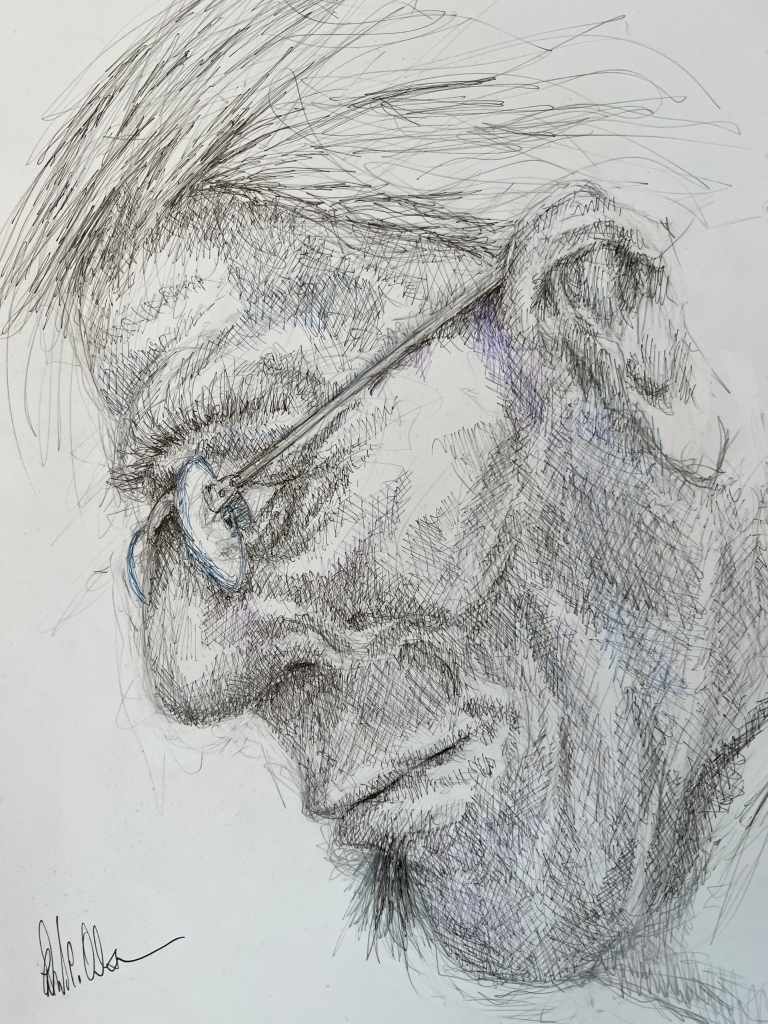 Black and white drawing of a man's face with glasses looking downward